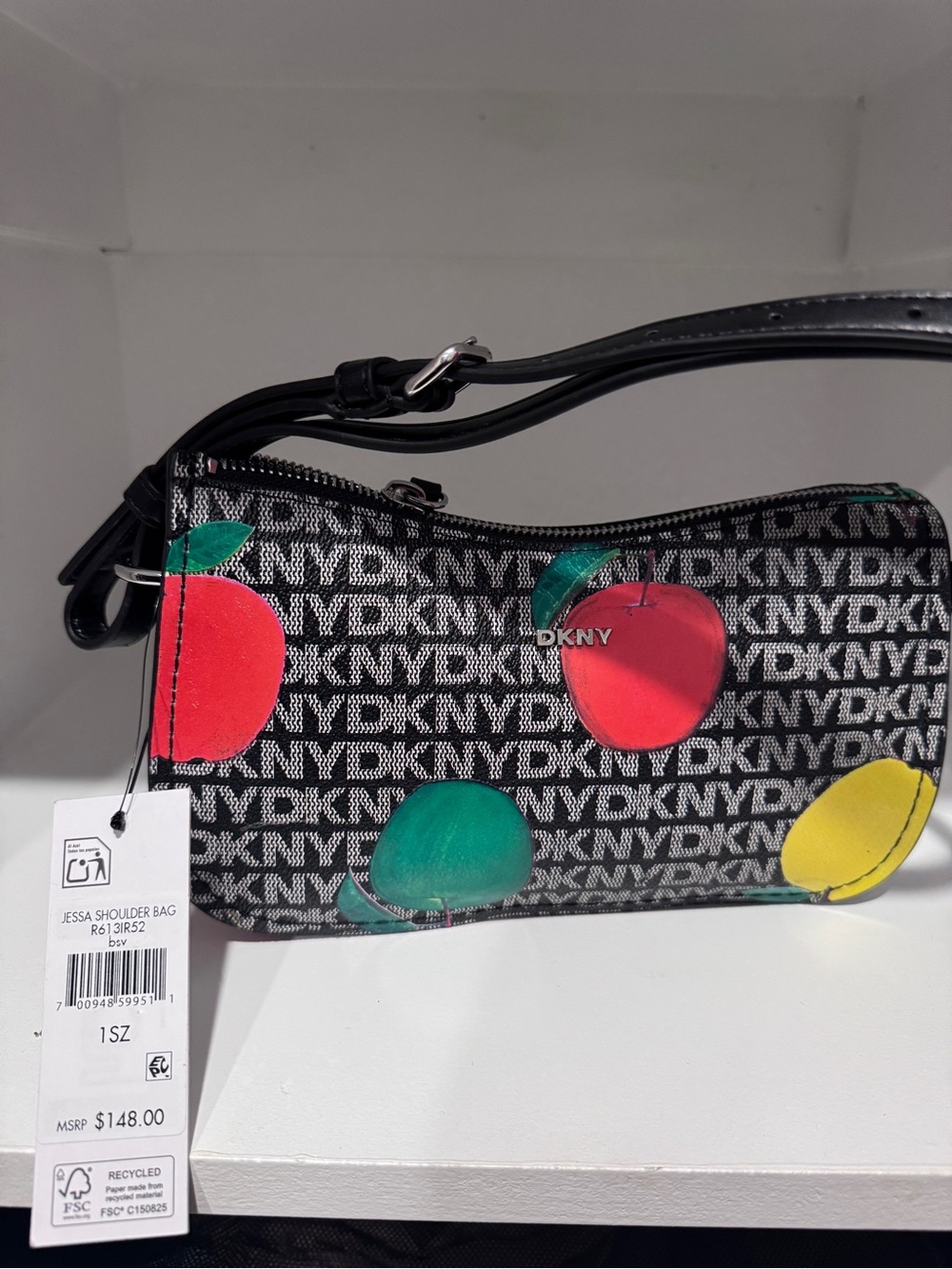 DKNY Black Logo Shoulder Bag with Red, Green and Yellow Fruit Motif